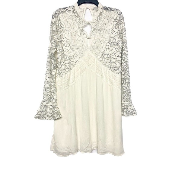 Tassels N Lace Off White Gauzy Dress w Long Lace Sleeves Size M Keyhole Back - Picture 2 of 10